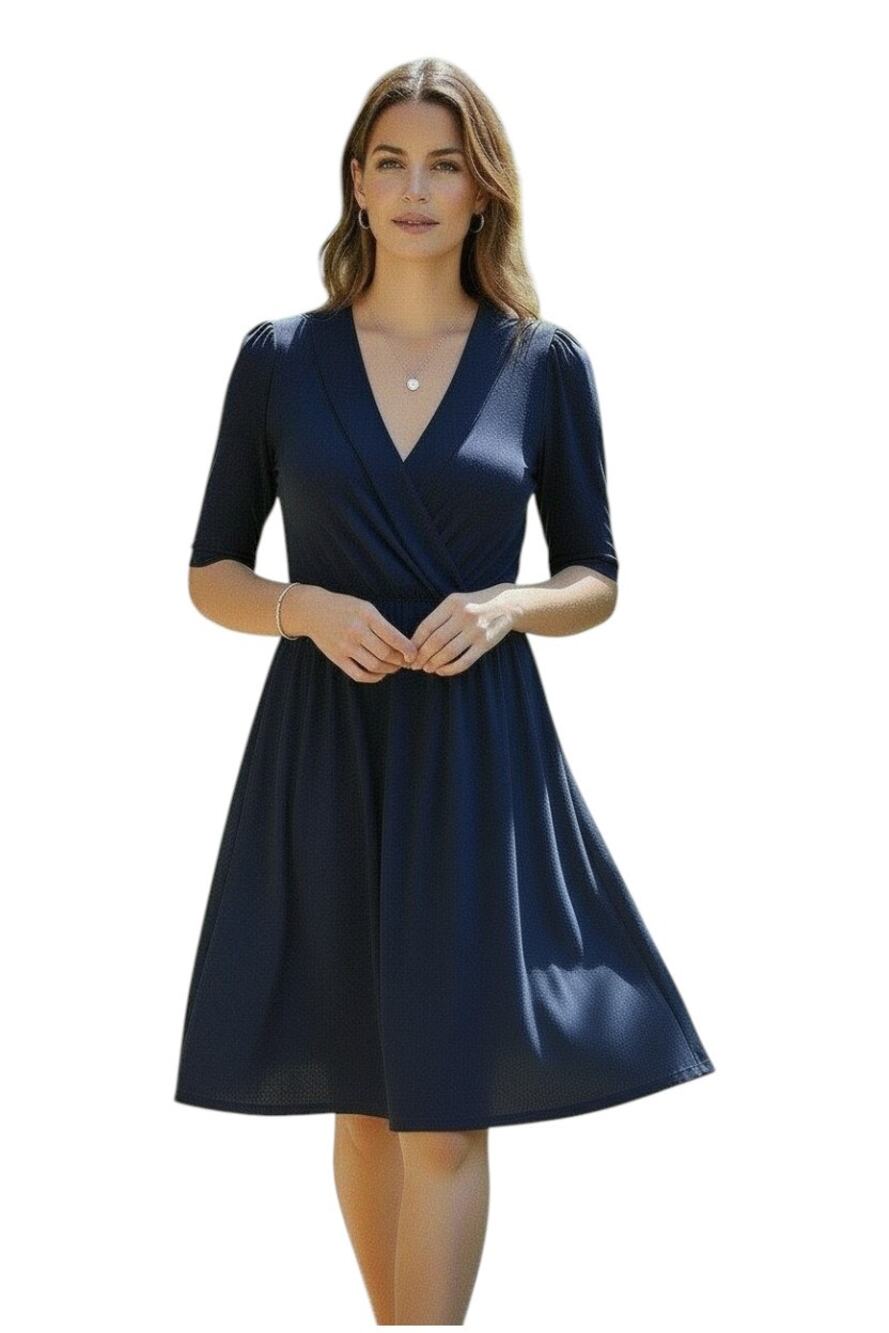 ✨ BODEN Navy Shawl Collar Empire Waist Dress 12L Long Tall Pockets EUC 👗
